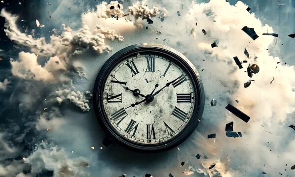 Exploding Clock Face with Flying Debris
