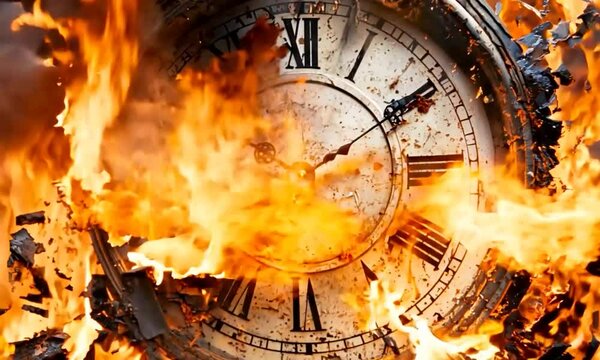 Burning Clock Face with Intense Flames