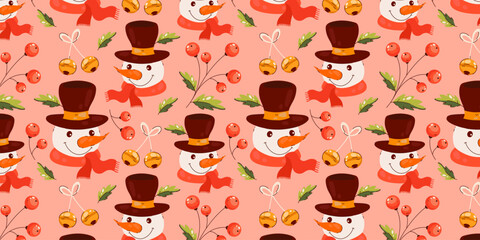 Cute Christmas pattern with snowman and foliage decorations. Can be used as wallpaper or print texture. 