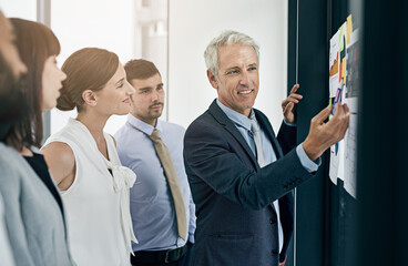 Presentation, sticky note and team of business people in training, brainstorming or risk management...