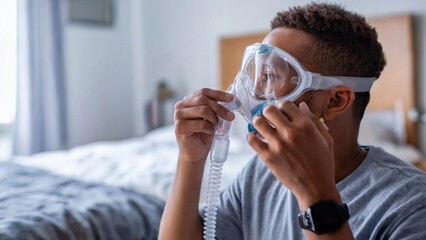 Person putting on CPAP machine mask, preparing for sleep apnea therapy