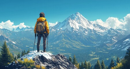 Adventurous hiker with a backpack and gear standing triumphantly atop snow-capped mountains, gazing over vast landscapes of forests and distant peaks