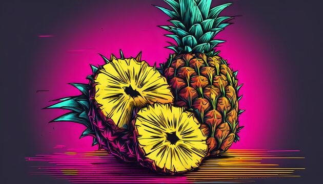 A charming hand-drawn illustration of a whole fresh pineapple, showcasing its unique textured skin and vibrant crown of spiky green leaves.