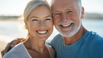 A close-up of a joyful middle-aged couple smiling at the camera outdoors.