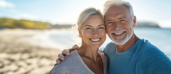 A sporty middle-aged couple smiling together at the beach, enjoying a sunny day.