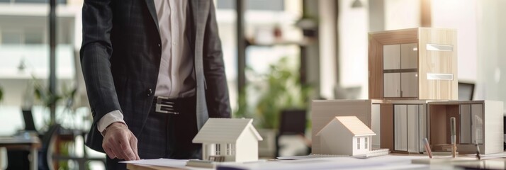 Professional agent emphasizing property investment concept with house model