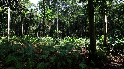 Lush green rainforest with tall trees and dense foliage, sunlight filtering through the canopy.