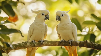 Two white cockatoos perched on a branch, looking at each other in a tropical setting.