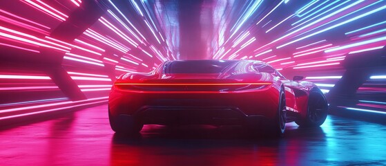Speeding Sports Car On Neon Highway Powerful acceleration of a supercar on a night track