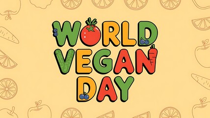 Whimsical World Vegan Day Design with Bold, Colorful Text Filled with Fruits and Vegetables. Banner, Poster, Cover