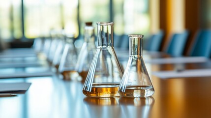 A row of beakers containing clear and yellow liquid on a conference table.