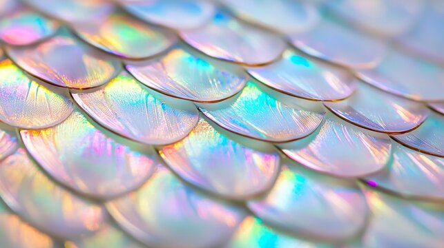 Enchanting Iridescent Fish Scale Close-Up with Intricate Patterns and Vibrant Colors. Ultra-Detailed Macro Photography.