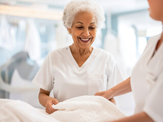 Obraz premium Nurse assisting a elderly patient with a warm smile in a healthcare setting. Nursing home concept. Nursing home residential care concept.