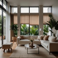 Fototapeta premium Modern living room with large windows, a white sectional sofa, a coffee table, and a large potted plant.