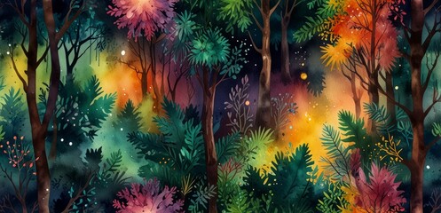 A vibrant watercolor scene of a tropical jungle, with lush foliage and exotic flowers blending into a colorful nature background