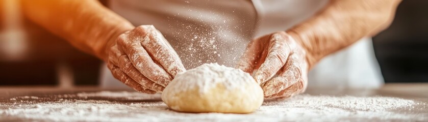 Elderly hands kneading dough with flour, warm kitchen setting.  Nursing home residential activity concept.