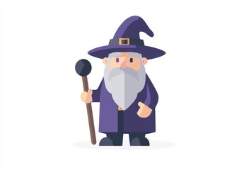 Obraz premium a purple wizard character, featuring an elderly man with gray hair and a beard, adorned in a pointy hat and holding a staff.