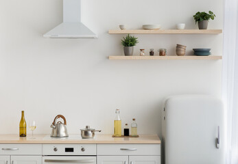 Modern minimalist white kitchen in scandinavian style, simple, minimalist interior. Refrigerator, shelves with crockery and plants in pots, furniture and stove with utensils, light wall, free space