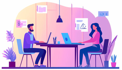 Creative Collaboration: Two colleagues working side by side at their desks, engrossed in their laptops, showcasing the power of teamwork and innovation in a vibrant and modern office setting.  