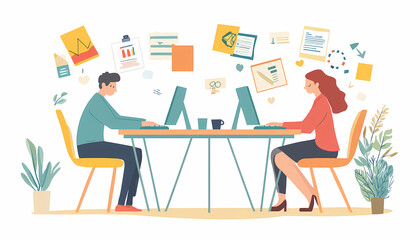 Teamwork in Motion: A dynamic duo of professionals work side-by-side at their desks, surrounded by papers and ideas, demonstrating the collaborative spirit of modern business.  