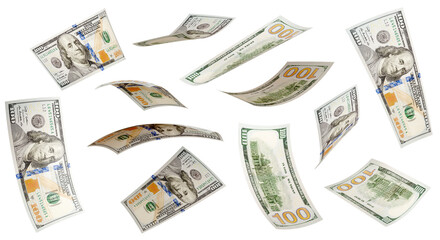 Variety of Falling One Hundred Dollar Bills Isolated. Transparent PNG.