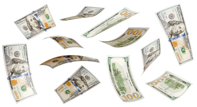 Variety of Falling One Hundred Dollar Bills Isolated. Transparent PNG.