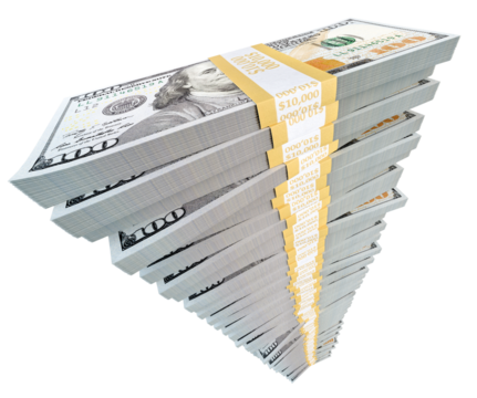 Stack of One Million Dollars in One Hundred Dollar Bills Isolated. Transparent PNG.