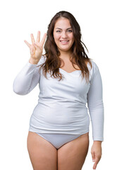 Beautiful plus size young overwight woman wearing white underwear over isolated background showing and pointing up with fingers number four while smiling confident and happy.