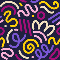 Memphis geometric seamless pattern. Multicolor abstract background in retro 80s, 90s style with various shapes: circles, semicircles, dots, zigzags, spirals, wavy lines. Cute kid doodle design.