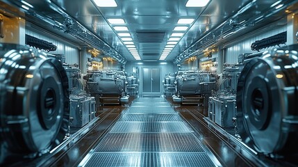 Futuristic industrial corridor with machinery.