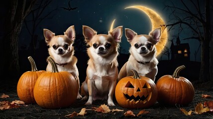 Little Chihuahua kittens play with a pumpkin against the starry sky on a cool Halloween night, bats hover in the sky, creating a cozy and mysterious atmosphere.