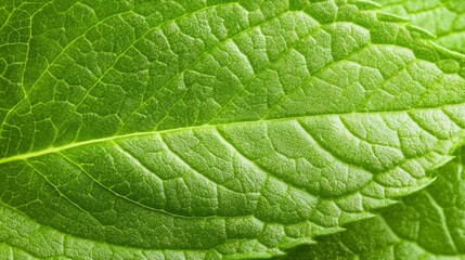 Detailed Macro Shot of Fresh Mint Leaf with Serrated Edges and Rich Green Color, Soft Texture Close-Up