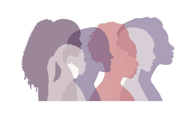 Silhouettes of women of different nationalities standing side by side.Vector illustration.