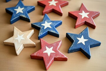 Fototapeta premium Red, white, and blue wooden stars on a light brown background, suitable for summer or patriotic themes Generative AI