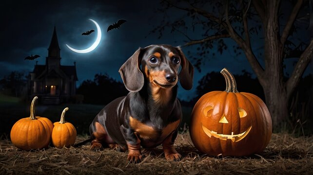 On this terrible Halloween evening, a black dog is sitting next to a pumpkin, from which a mystical light emanates. The moon slowly rises above the gloomy sky, giving the surrounding environment a mys