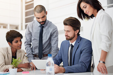 Corporate, planning and group with tablet, reading and conversation for financial report and...