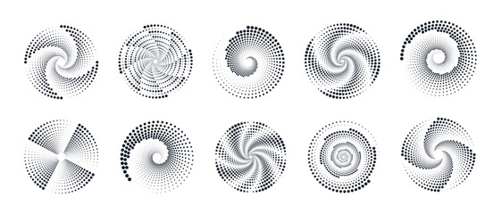 Set of halftone dotted circles. Vector illustration of abstract spiral circles with dots isolated on white background. Logo Poster. Banner. Design element.