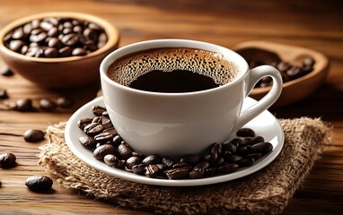 A white cup of freshly brewed coffee with coffee beans on a rustic wooden table.