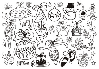 Big set of New Year and Xmas icons. Cute hand drawn vector illustration. Winter elements for greeting cards, posters, stickers and seasonal design. Isolated on white background