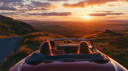 A group of friends drives a convertible through the Irish countryside, enjoying the sunset and a weekend getaway. They're free to explore nature and experience adventure on their road trip.