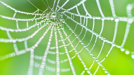 Ethereal Beauty: Close-Up of Spider Web Glistening with Morning Dew, Ultra-Detailed Macro Shot Revealing Delicate Threads and Droplets Catching Light