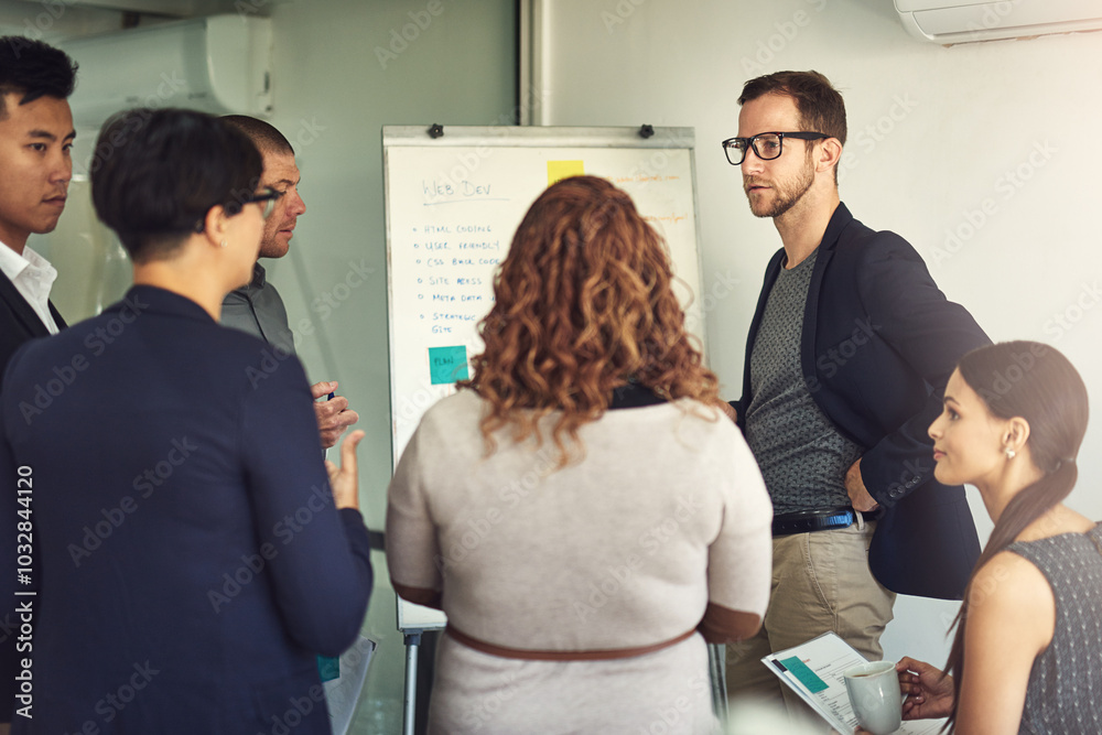 Aufkleber Employees, whiteboard and ideas in office with team, web development plan and project. Business people, collaboration and talk update for programming in meeting, workshop and solution for coding