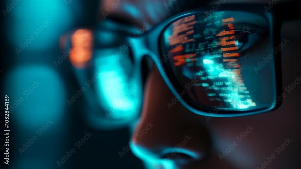 Leinwandbilder Software developer is working late, with code reflecting in their glasses. The image evokes the intense focus and dedication required in the world of programming