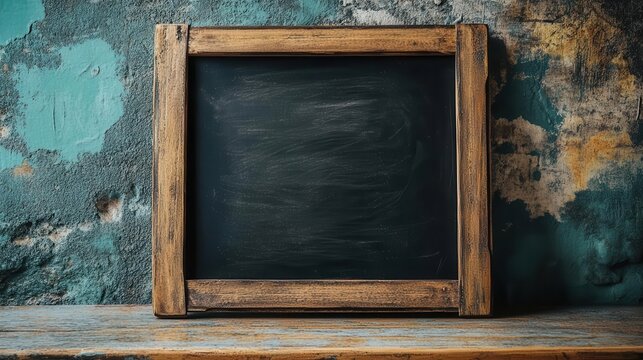 Rustic chalkboard frame on weathered wall, ideal for writing or displaying messages.