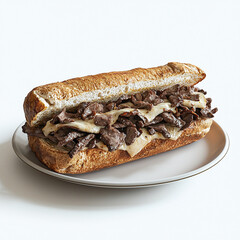 Classic Philly Cheesesteak Sandwich with Juicy Beef, Melted Cheese, and Fresh Vegetables on a Toasted Roll - Perfect for Culinary Photography and Food Stock Images
