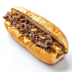 Appetizing Cheesesteak Sandwich with Juicy Beef, Melted Cheese, and Fresh Vegetables on a Toasted Hoagie Roll - Ideal for Culinary Photography and Food Stock Images