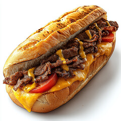 Classic Philly Cheesesteak Sandwich with Juicy Beef, Melted Cheese, and Fresh Vegetables on a Toasted Roll - Perfect for Culinary Photography and Food Stock Images