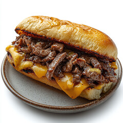 Delicious Cheesesteak Sandwich with Juicy Beef, Melted Cheese, and Fresh Vegetables on a Toasted Hoagie Roll - Ideal for Culinary Photography and Food Stock Images