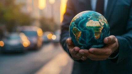 Fototapeta premium A businessman holds a globe, representing a commitment to sustainable transportation. He uses eco-friendly methods to reduce carbon emissions, making his business more environmentally responsible.