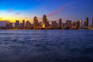 Sunset over San Diego skyline viewed from Coronado Island.